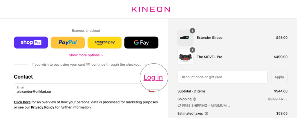 In the checkout page design for Kineon, you have the option to login, but you don't have to.